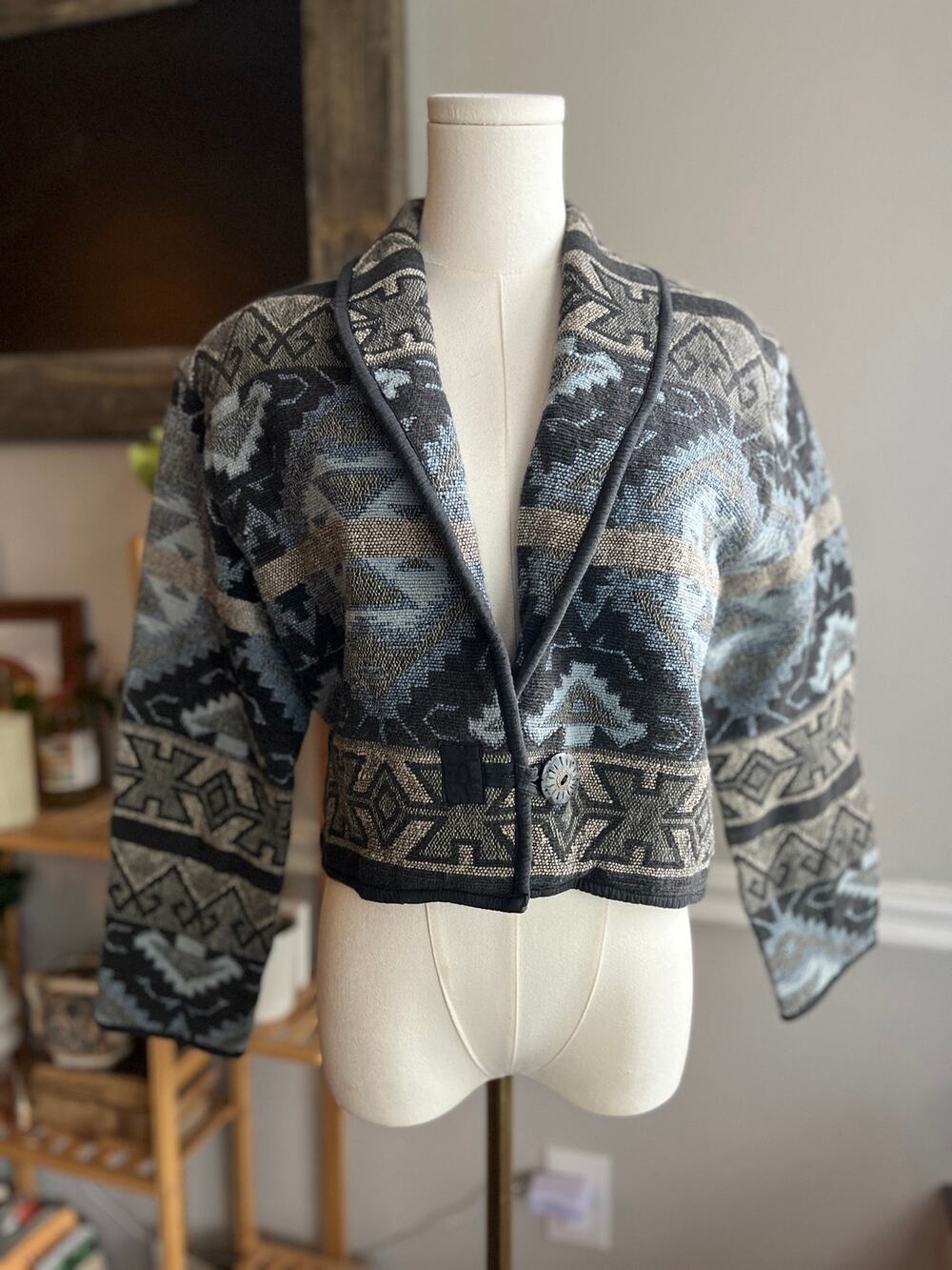 Vintage 90s Western Cropped Tapestry Coat Jacket Black Blue Size Small